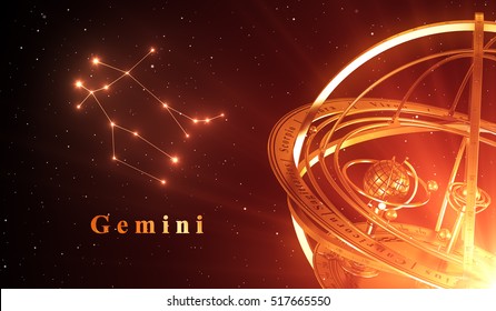 Zodiac Constellation Gemini And Armillary Sphere Over Red Background. 3D Illustration.