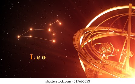 Zodiac Constellation Leo And Armillary Sphere Over Red Background. 3D Illustration.