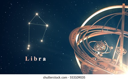 Zodiac Constellation Libra And Armillary Sphere Over Blue Background. 3D Illustration.