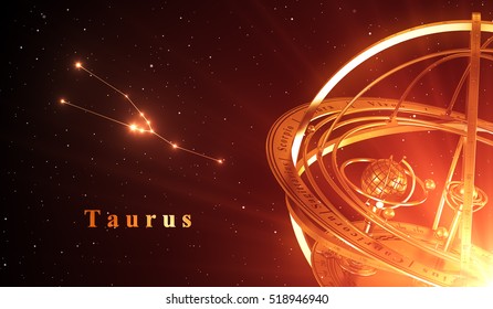 Zodiac Constellation Taurus And Armillary Sphere Over Red Background. 3D Illustration.