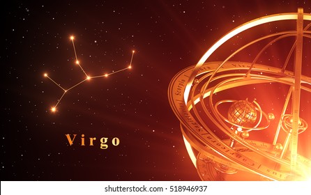 Zodiac Constellation Virgo And Armillary Sphere Over Red Background. 3D Illustration.