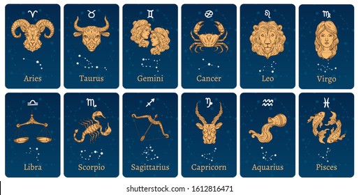 Zodiac Constellations And Signs. Horoscope Cards With Constellation Stars, Decorative Zodiac Sketch Symbols. Astronomy Zodiac Map, Zodiacal Star Posters. Isolated  Illustration Icons Set