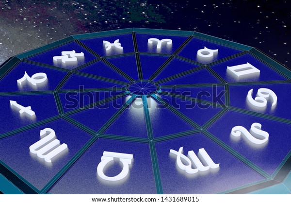 The zodiac is\
divided into 12 houses or segments. Astrological chart wheel. Birth\
horoscope. 3D illustration.\
