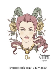 Zodiac Vector Illustration Capricorn Girl Flowers Stock Vector (Royalty ...