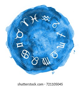 Zodiac Horoscope Symbols Blue Watercolor Illustration