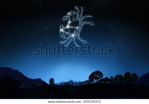 Zodiac Sign Cancer\
with a star and symbol outline on a gradient sky background. Part\
of a Zodiac\
series.