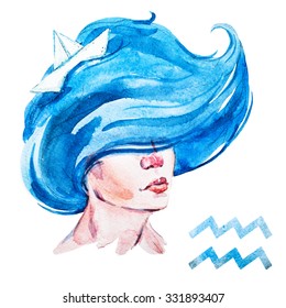 Zodiac Sign, Watercolor Illustration Of Woman,Aquarius