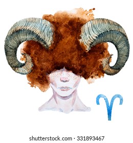 Zodiac Sign, Watercolor Illustration Of Woman,Aries