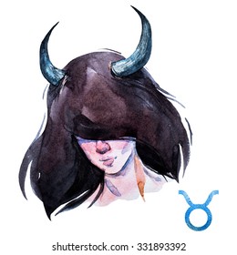 Zodiac Sign, Watercolor Illustration Of Woman,Taurus