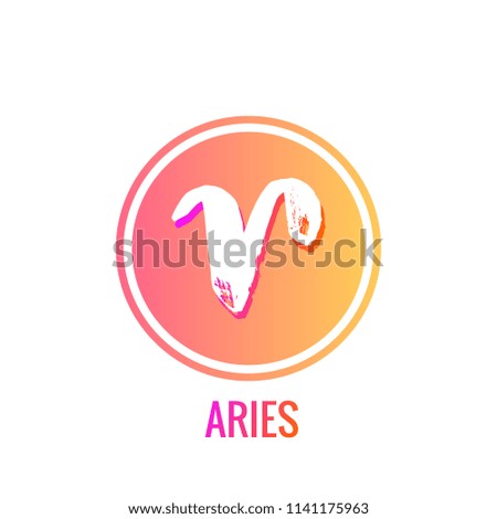 Zodiac signs Aries. Horoscope symbols in a round bright frame with inscriptions illustration isolated on white background.