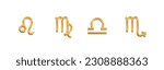 Zodiac signs. Gold astrology symbols for horoscope template. Golden zodiac icons set isolated on white background for design. Leo. Virgo. Libra. Scorpio. 3D illustration.