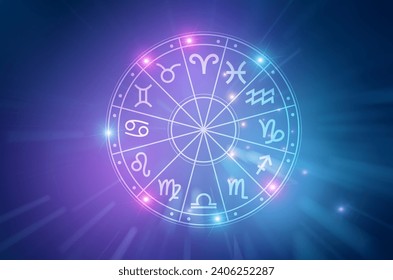 Zodiac signs inside of horoscope circle. Astrology in the sky with many stars and moons  astrology and horoscopes concept - Powered by Shutterstock