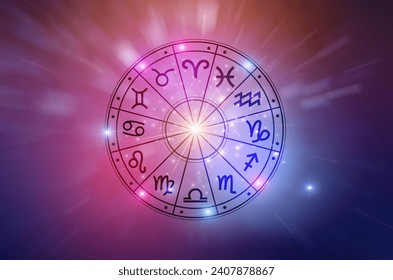 Zodiac signs inside of horoscope circle. Astrology in the sky with many stars and moons  astrology and horoscopes concept - Powered by Shutterstock