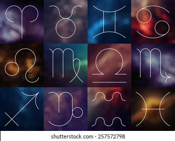 Zodiac signs. White thin simple line astrological symbols on blurry colorful abstract background. Aries, Taurus, Gemini, Cancer, Leo, Virgo, Libra, Scorpio, Sagittarius, Capricorn, Aquarius, Pisces.
