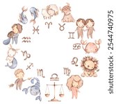 Zodiac watercolor hand-drawn set with baby aries, taurus, gemini, cancer, leo, virgo, libra, scorpio, sagittarius, capricorn, aquarius, pisces. Cute cartoon composition with simbols of zodiac for kids