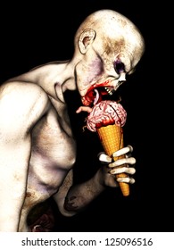 Zombie Brain Cream Cone - An angry undead zombie licking a Brain Cream Cone with brains, worms, a finger and blood on an ice cream cone. Isolated on a black background.