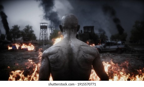 Zombie In A Burning Ruined Apocalyptic City. Armageddon View. 3d Rendering