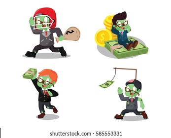 Zombie Businessman With Money Cartoon Set