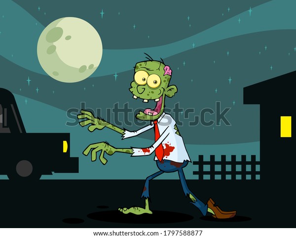 Zombie Cartoon Character Walking In Тhe\
Night. Raster Illustration With\
Background.