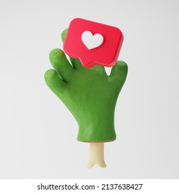 Zombie cartoon hand reaching for a heart icon isolated over white background. 3d rendering.