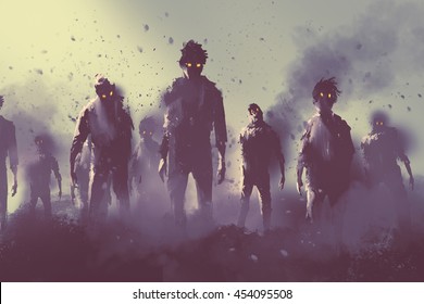 zombie crowd walking at night,halloween concept,illustration painting