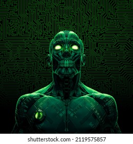 Zombie Cyborg Artificial Intelligence - 3D Illustration Of Dark Green Humanoid Alien Robot With Computer Circuit Board Background