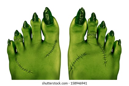 Zombie Feet As A Creepy Halloween Or Scary Symbol With Textured Green Skin Wrinkled Monster Toes And Foot Stitches Isolated On A White Background As A Spooky Design Element.