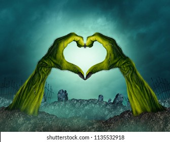 Zombie Hand Heart Shape In A Creepy Night Graveyard Background As A Green Halloween Arms Emerging From A Cemetary Grave Or Scary Symbol In A 3D Illustration Style.