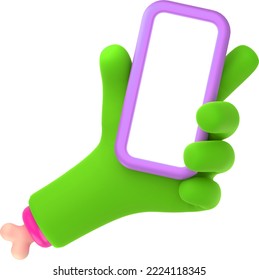 Zombie Hand With Phone, 3d Render Monster Character Green Palm With Bone Holding Smartphone With Blank Display. Mockup For Mobile App, Isolated Halloween Illustration In Cartoon. 3D Illustration