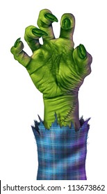 Zombie Hand Reaching To Grab Something Or Someone As A Human Like Green Monster Hand With Sharp Nails And Stitches With A Blue Plaid Jacket.on A White Background Representing Halloween And Fear.