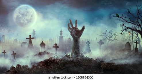 Zombie Hand steigt aus dem Grab. Halloween-Design mit Zombie-Friedhof