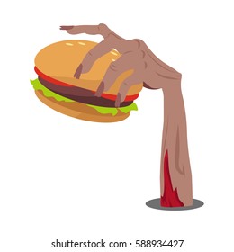 Zombie Hand Sticking Out Of The Ground With Hamburger Flat  Illustration Isolated On White. Hungry Living Dead With Fast Food. Humorous Concept Of Human Mass Consumerism, Halloween Party Decor