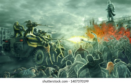 Zombie Horde Attack On An Armored Troop Carrier With Shooting Soldiers. Gloomy City Of The Dead. Illustration In Horror Genre.