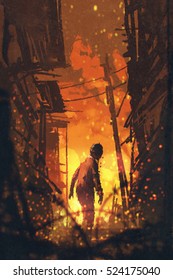 Zombie Looking Back With Burning City Background,illustration Painting