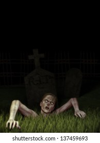 Zombie Rising - A female zombie climbs up through the dirt and grass out of the grave. Sky is solid black.
