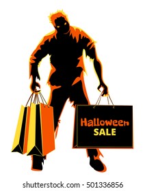 Zombie With Shopping Bags Isolated On White. Halloween Sale