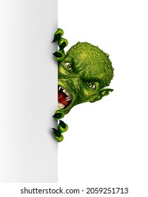 Zombie or space alien lurking behind a vertical blank white sign as an angry creepy green monster hiding and peeping behind a billboard as a spooky Halloween concept in a 3D illustration style.