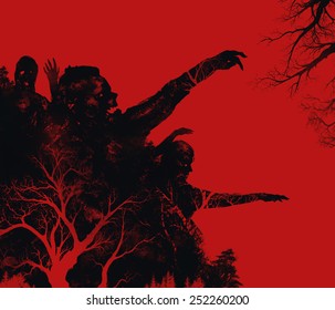 Zombies illustration. Fantasy dead zombies attack on red background illustration art.