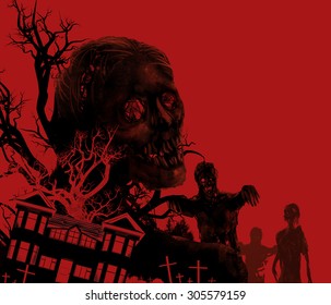 Zombies on red. Zombies walking on a red background with old house, cemetery  black tree illustration.