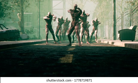 The zombies are walking through an abandoned and deserted city. The concept of the zombie-apocalypse for fantasy, fiction, zombie and apocalypse backgrounds. 3D Rendering