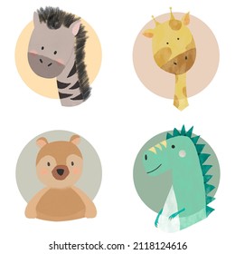 Zoo Animals Portrait Illustration Set. Cute Animals Isolated. Animals Drawing To Print Cards. Zebra, Giraffe, Teddy Bear And T-rex Face Illustration. Watercolor Zoo Animals Drawing. 