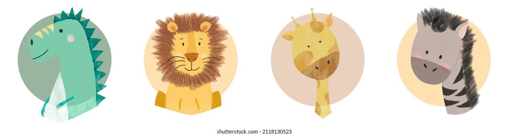 Zoo Animals Portrait Illustration Set. Cute Animals Isolated. 
Simple And Cute Portraits Of Animals' Face:Zebra, Giraffe, Lion And T-rex Face Illustration. Watercolor Zoo Animals Drawing. 