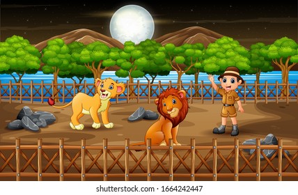 A Zookeeper Man With Lions In The Open Air Cage At Night