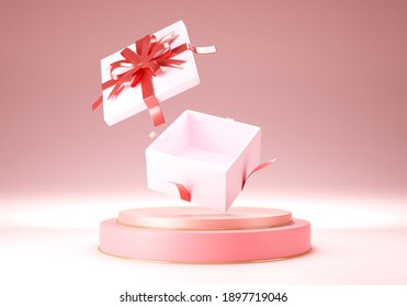 Zoom In 3d Red Ribbon Open Giftbox Rendering With Pink Gold Stage At The Center. Pastel Pink Scene And Minimal Background Style. Valentine's Day Event. Celebration Concept