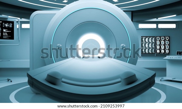 Zooming into magnetic resonance\
imaging (MRI) machine. Generic medical background. 3D\
rendering