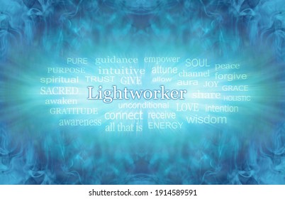  Zooming Lightworker Word Tag Cloud - Water wispy turquoise blue background with a zooming outward LIGHTWORKER word cloud  
                              