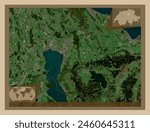 Zug, canton of Switzerland. Low resolution satellite map. Locations of major cities of the region. Corner auxiliary location maps