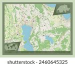 Zug, canton of Switzerland. Open Street Map. Locations of major cities of the region. Corner auxiliary location maps