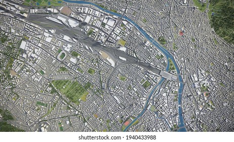 Zurich 3D City Model Aerial Rendering