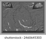 Zurich, canton of Switzerland. Bilevel elevation map with lakes and rivers. Locations of major cities of the region. Corner auxiliary location maps